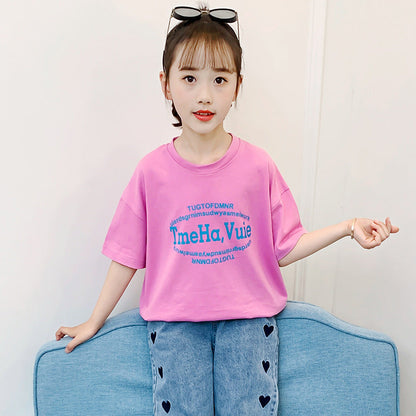 Girls short-sleeved T-shirt summer clothes 2024 new Korean style popular children's clothing middle and large children's summer loose tops