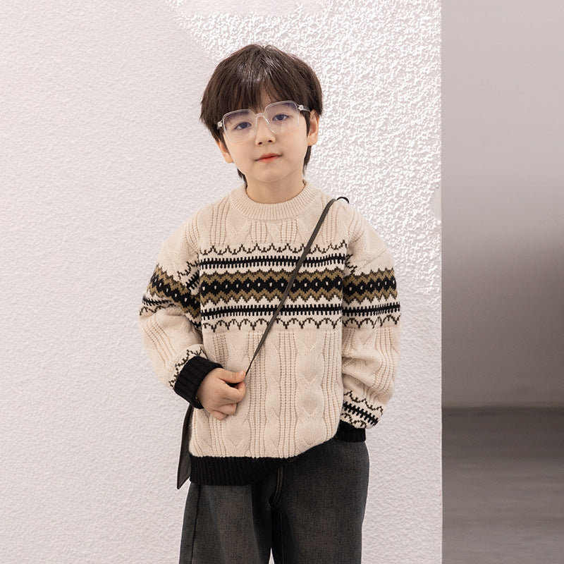 Amo Beibei children's 2023 winter thickened contrast color twisted sweater for boys and girls national style warm knitted sweater trend