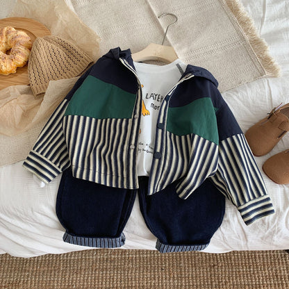 Children's jacket 2024 Bangcheng Spring Boy Korean version color matching vertical stripes casual hooded windbreaker jacket trendy F0435