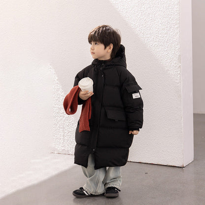 Amo Beibei new national standard children's 2023 winter 90 white duck down thick coat medium and long warm hooded down jacket