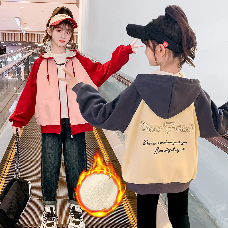 2024 autumn and winter new boys and girls jacket cardigan hooded contrast color loose school season campus primary school middle school trend