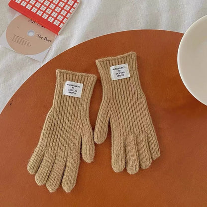 Children's 2023 winter thick wool warm color matching gloves for boys and girls baby letter label hole five-finger gloves