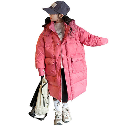 Children's down jacket for boys and girls thick medium and long warm three-proof white duck down winter medium and large children's knee-length down jacket