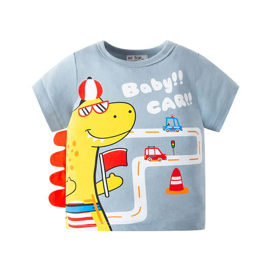 2023 New Children's Short Sleeve Summer Three-dimensional Dinosaur Boys T-shirt Cotton Top Children's Clothing Wholesale One Piece Dropshipping