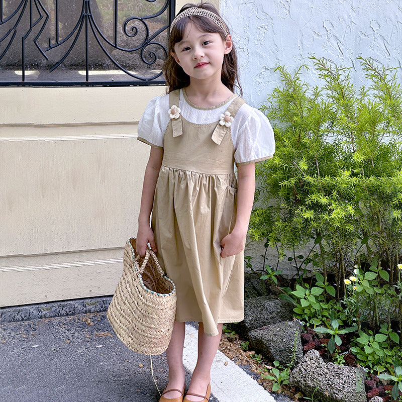 Summer children's cotton skirt fake two-piece overalls skirt Korean version girl long skirt kindergarten graduation vacation summer vacation college