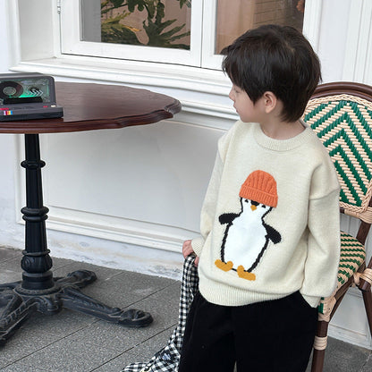 Amo Beibei children's 2023 winter warm sweater thick cute three-dimensional cartoon embroidery round neck knitted sweater trend