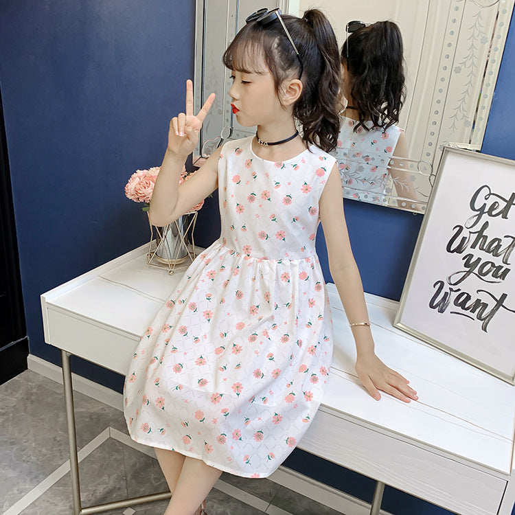 Girls Dress 2024 Summer New Style Children's Style Printed Cotton Skirt Little Girls Sleeveless Cartoon Tank Top