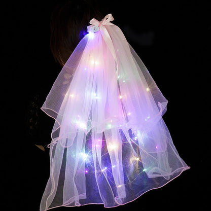 New wedding tassel crown veil soft yarn luminous double-layer certificate veil bow headdress net red certificate photo