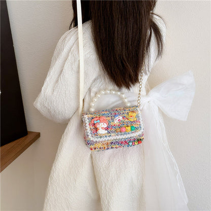 Autumn and winter stylish children's small square bag female fashion girl contrast color chain shoulder bag simple beaded handbag wholesale 