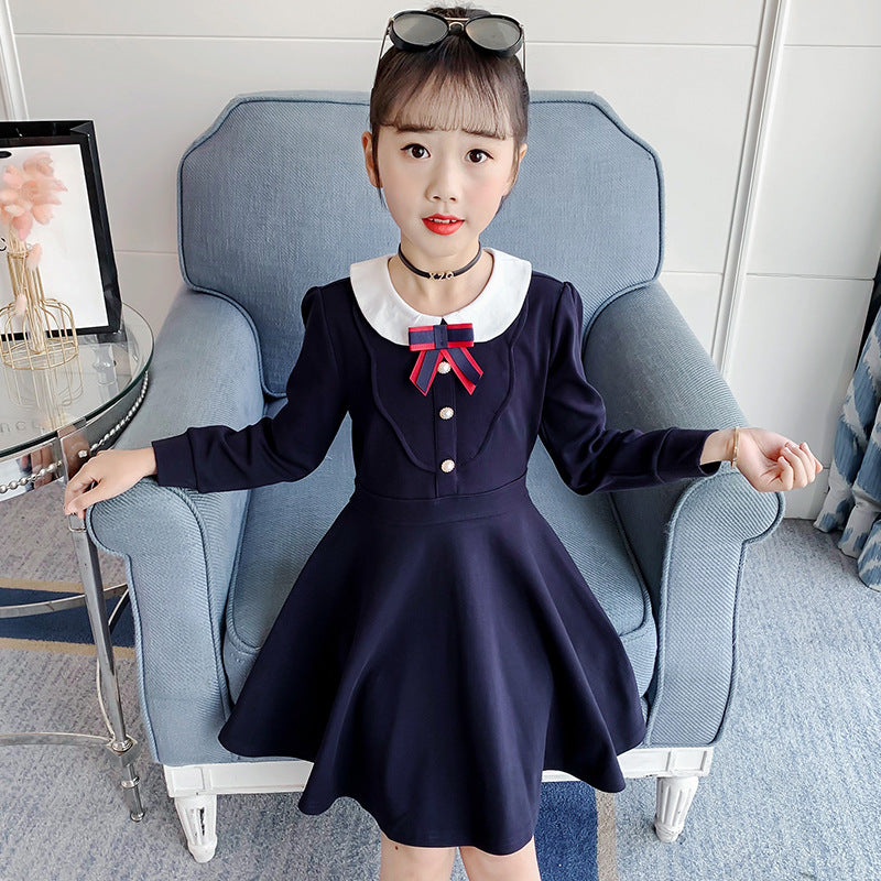 Girls Spring and Autumn Dress 2024 New Style Children's Clothing College Style Doll Collar Long Dress Internet Celebrity Princess Dress