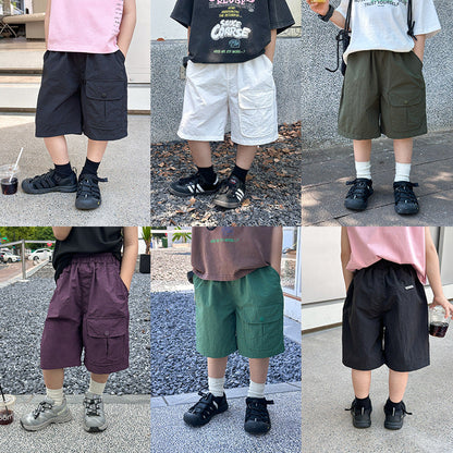 Elmo Beibei Boys 2024 Summer Style Nylon Wrinkle Five-Fifth Pants Baby Handsome Button Pocket Washable Cargo Shorts