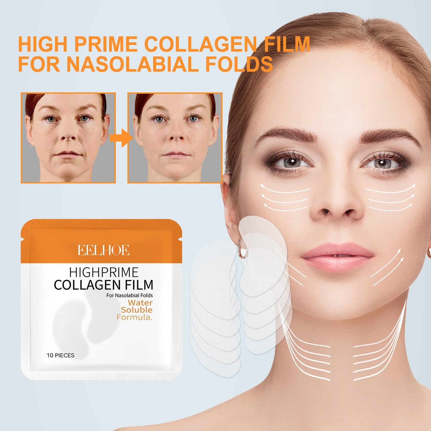 ម៉ាសបិទមុខ EELHOE Collagen Water-Soluble Forehead Mask ធ្វើអោយស្បែកមុខតឹងណែន បំបាត់ជ្រួញ ថ្ងាស ផ្នត់ Nasolabial ប្រឆាំងភាពជ្រីវជ្រួញ 