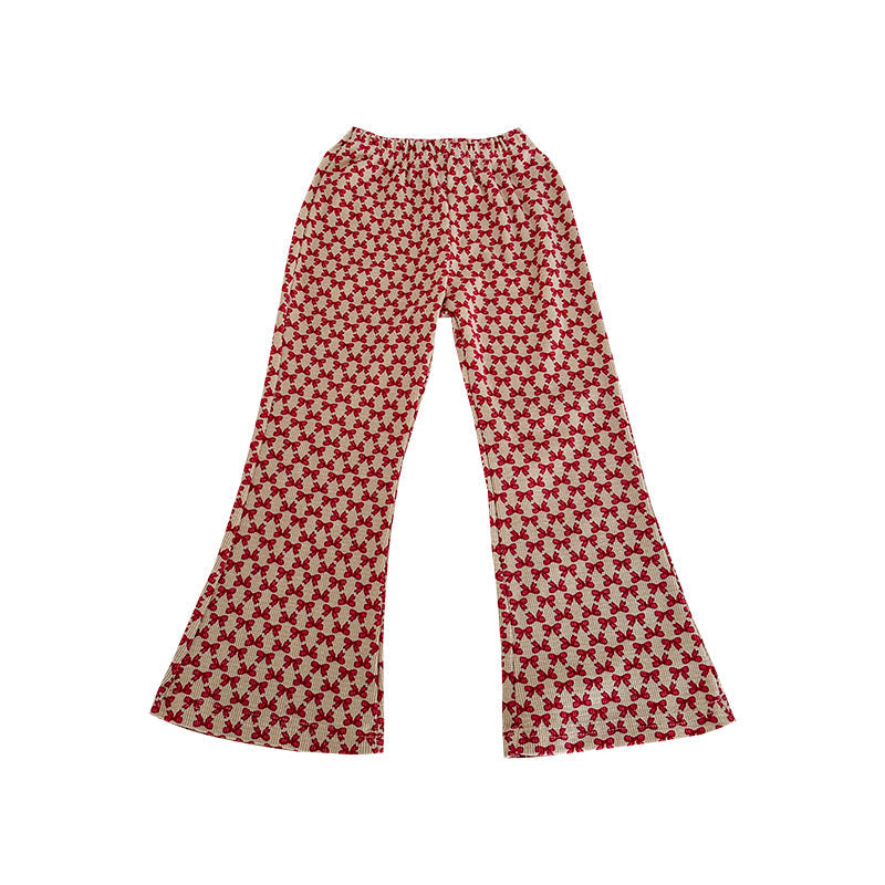 2024 Spring New Korean Version Small and Medium Children Baby Bow Printed Trousers Girls Fashion Elastic Flared Pants