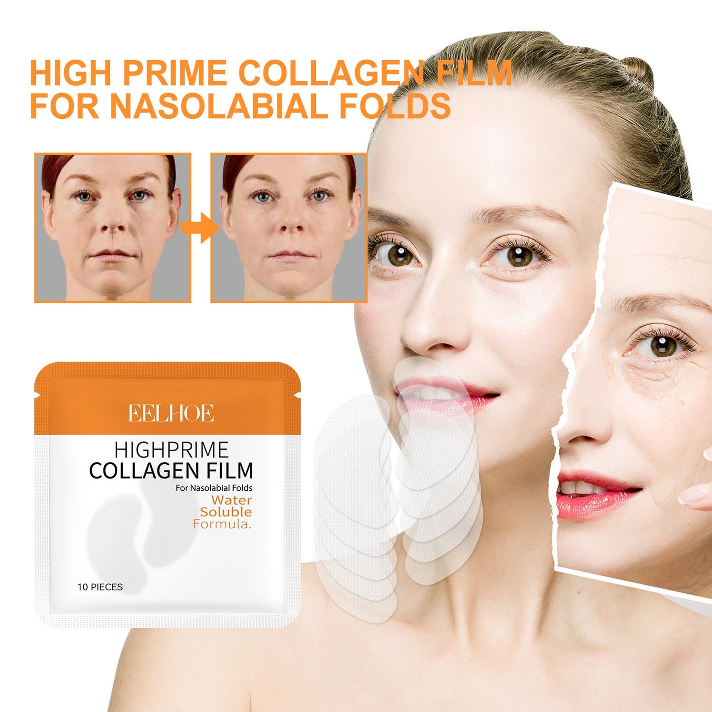 EELHOE Collagen water-soluble nasolabial fold patch កាត់បន្ថយស្នាមជ្រួញ និង nasolabial ផ្តល់សំណើម និងរឹតបន្តឹងស្បែក 