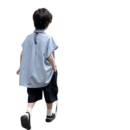 Amo Beibei children's 2024 summer loose tops boys handsome color matching pocket washed cotton sleeveless casual shirt