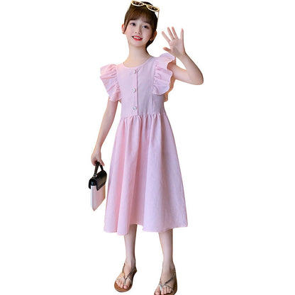 Children's 2024 new summer cotton pastoral style dress plaid fragrance style flying sleeves flying edge net celebrity princess long skirt