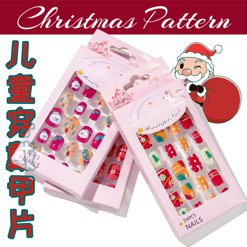 Christmas children's nail tips short wearable nail tips finished cute nail art children's nail art fake nail tips