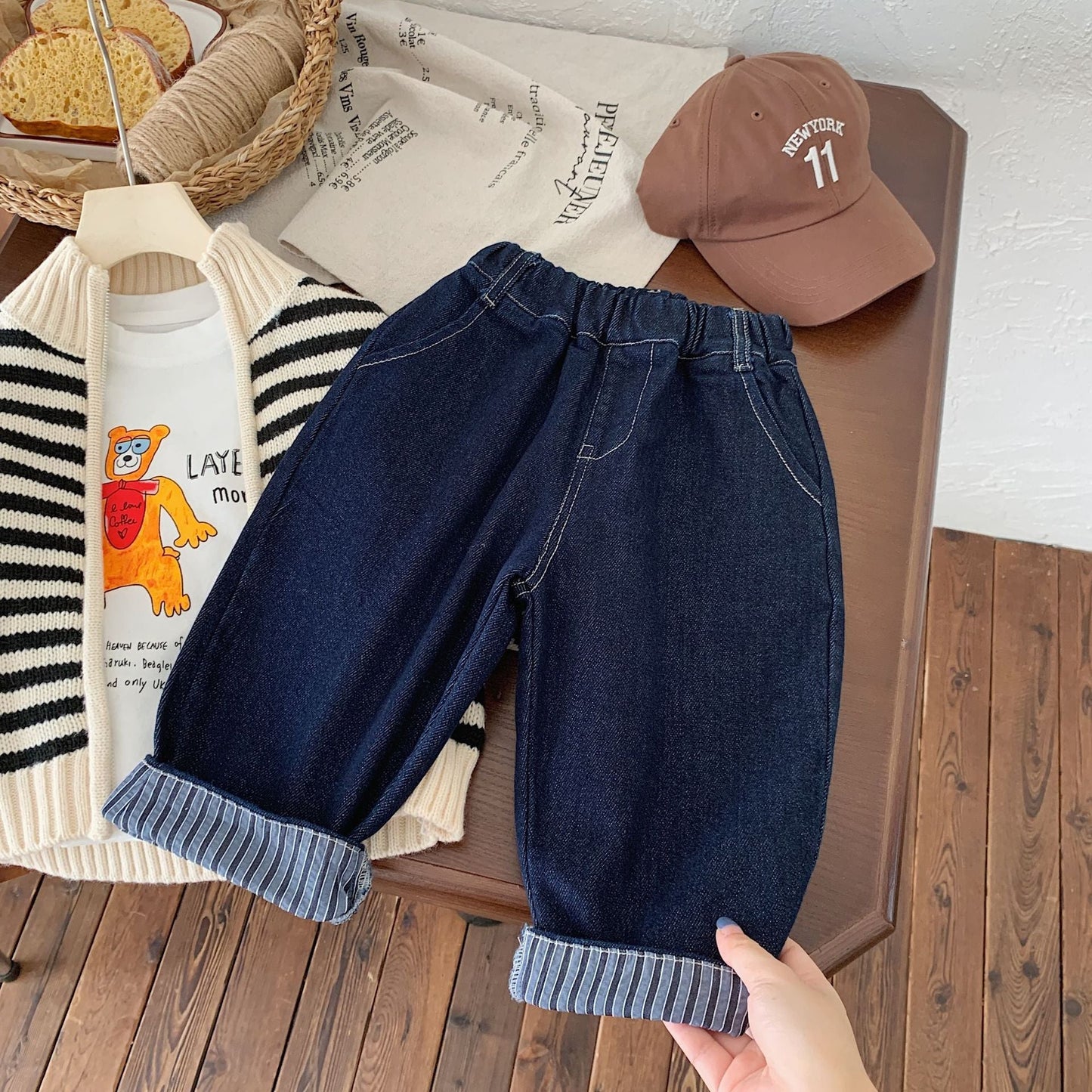 Children's trousers 2024 Bangcheng Spring Boys and Girls Korean Striped Patch All-match Casual Jeans Trend F0408