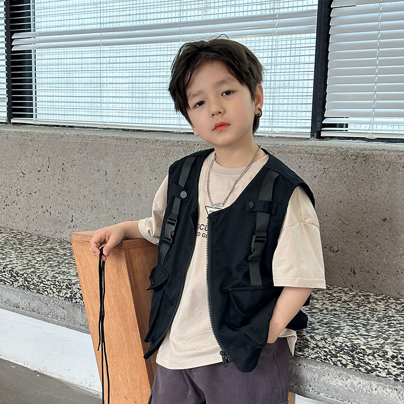 Amo Baby Children's Tops Boys 2024 Spring Clothes Big Pocket Work Vest Baby Handsome Pilot Jacket