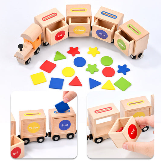 Montessori children's wooden magnetic geometric shape recognition color classification pull train early education educational toys