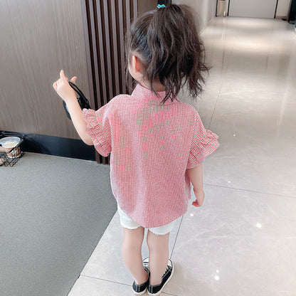 Girls summer shirt plaid fragrant style embroidery kindergarten primary school plaid lace wood ear edge cotton cloth net celebrity short sleeve