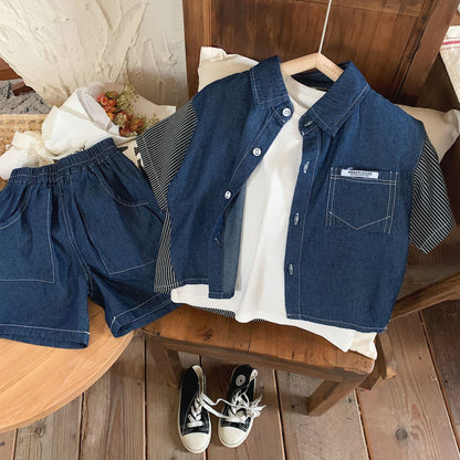 Children's suit 2023 Bangcheng summer style boys and small children Korean version striped splicing denim short-sleeved two-piece suit F0121