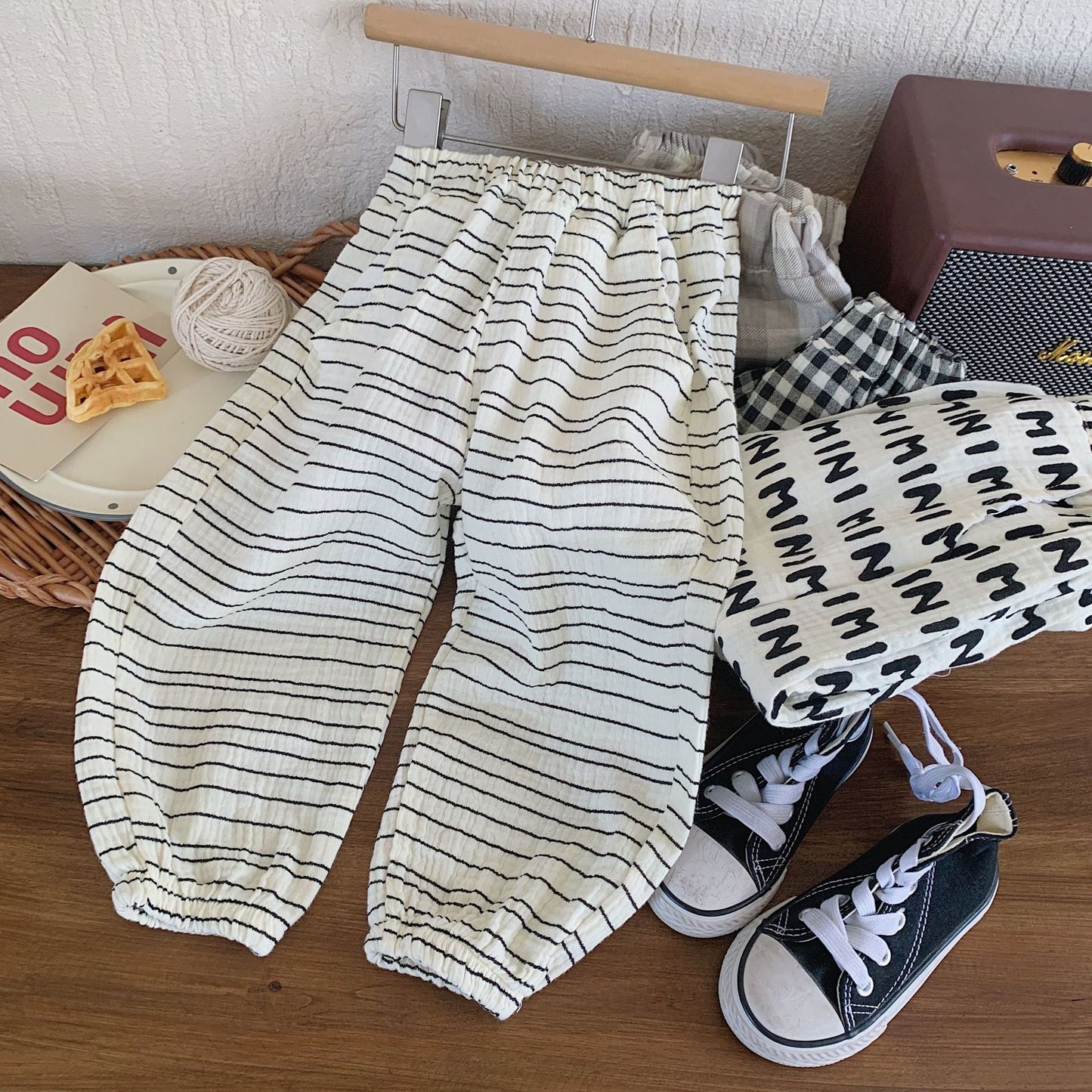 Children's mosquito-proof pants 2024 Bangcheng summer style boys and girls striped letter plaid mosquito-proof pants casual trousers F0269