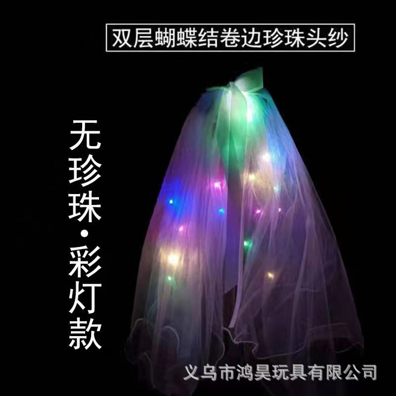 New wedding tassel crown veil soft yarn luminous double-layer certificate veil bow headdress net red certificate photo