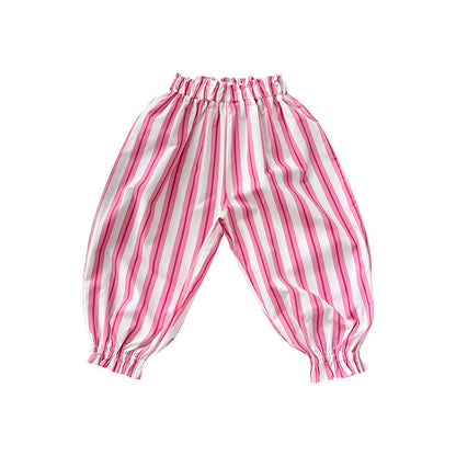 2024 summer new Korean version children's baby light breathable loose anti-mosquito pants girls casual vertical striped air-conditioning pants