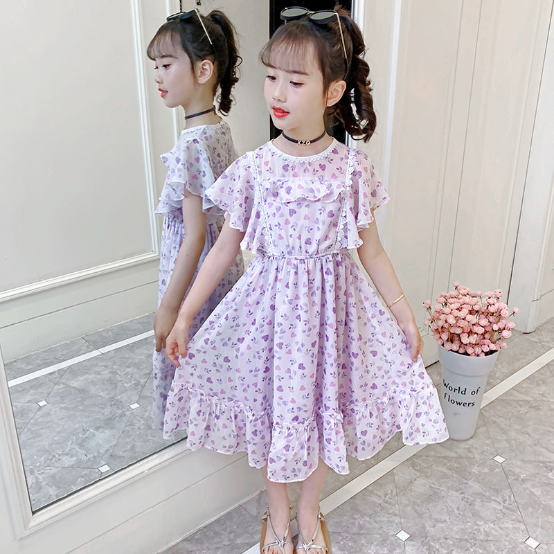 Girls dress short-sleeved chiffon dress new summer medium and large children's stylish printed princess dress Bohemian long skirt