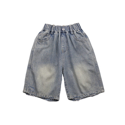 Amo Beibei Boys 2024 Summer Handsome Sand Washed Cotton Ripped Shorts Baby Korean Straight Denim Shorts