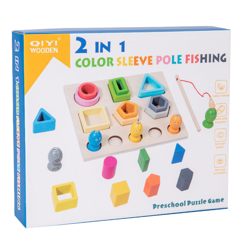 Cross-border children's wooden three-dimensional multifunctional fishing set column shape matching cognitive hand-eye coordination educational toy