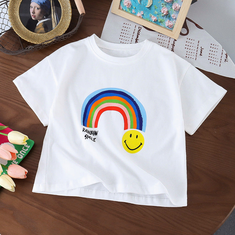 Summer girls short-sleeved T-shirt children's boys cotton T-shirt rainbow letter color printing loose elastic kindergarten trend