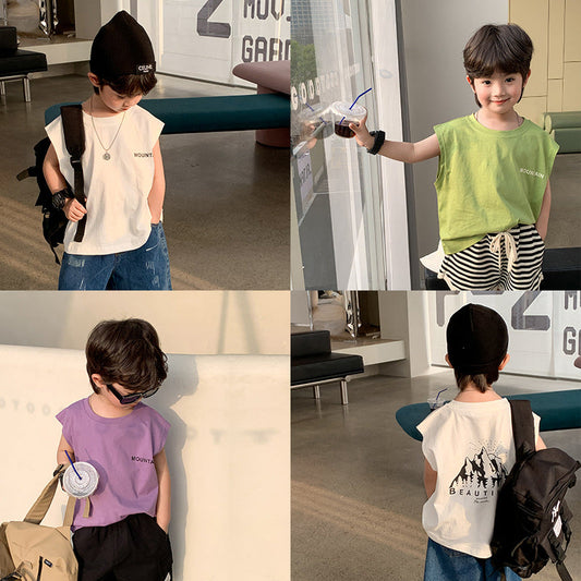 Children's tops boys 2024 summer new letter mountain loose vest baby personality sleeveless bottoming shirt trend