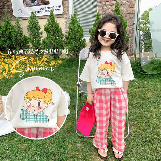 Korean children's clothing 2024 summer new style girls baby trendy cartoon doll print T-shirt children's short-sleeved top