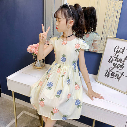 Girls short-sleeved dress 2024 summer new children's stylish printed cotton skirt little girl cartoon vest skirt