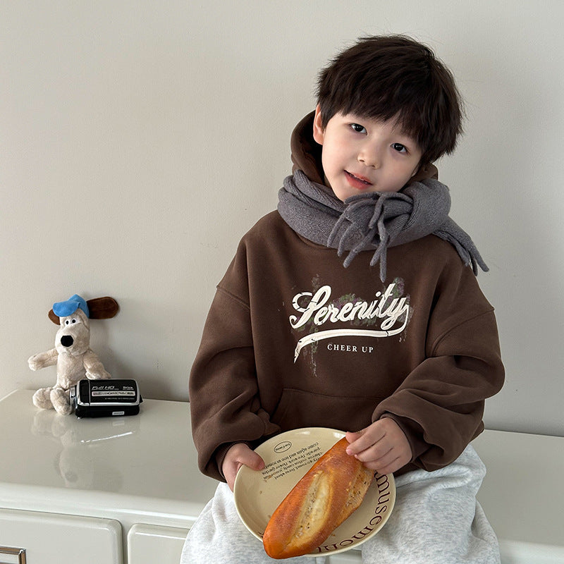 Amo Baby Thickened Plus Velvet 2023 Winter Style Austrian Velvet Hooded Sweater Boys and Girls Baby Warm New Year Coat