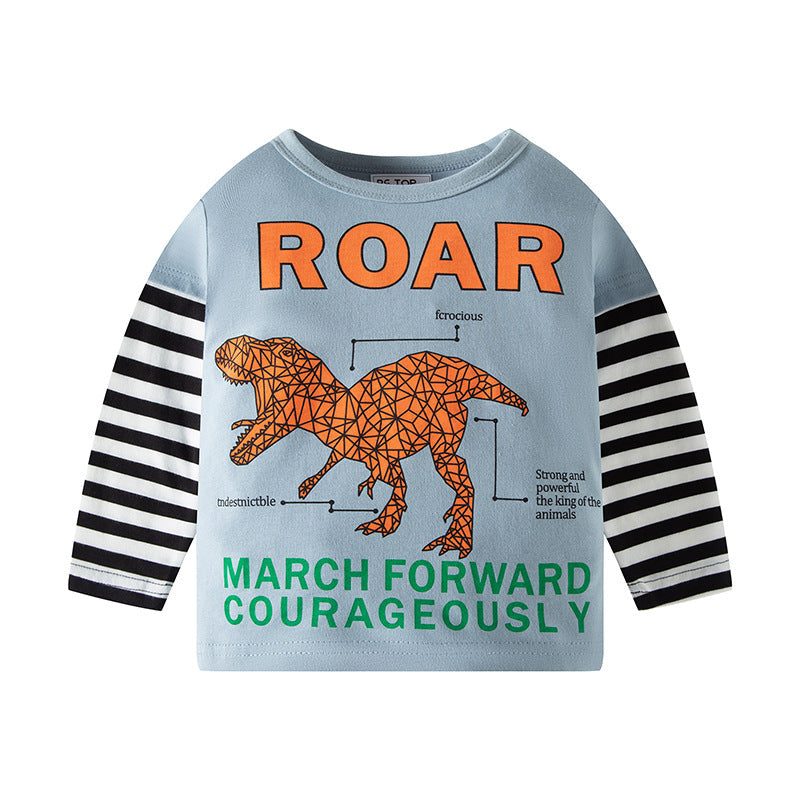 Autumn new children's long-sleeved T-shirt cartoon dinosaur trend color matching boy baby round neck sweater children's clothing wholesale