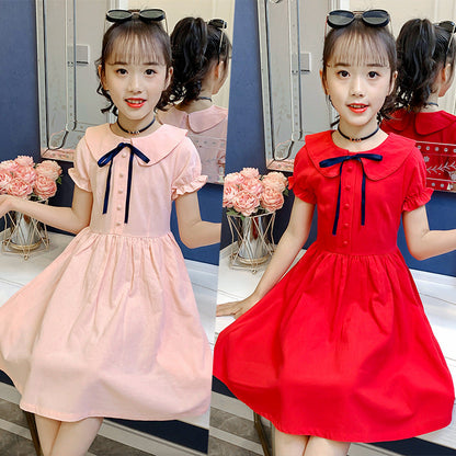 Girls short-sleeved dress summer new style solid color cotton dress pure cotton dress short-sleeved doll collar dress princess dress