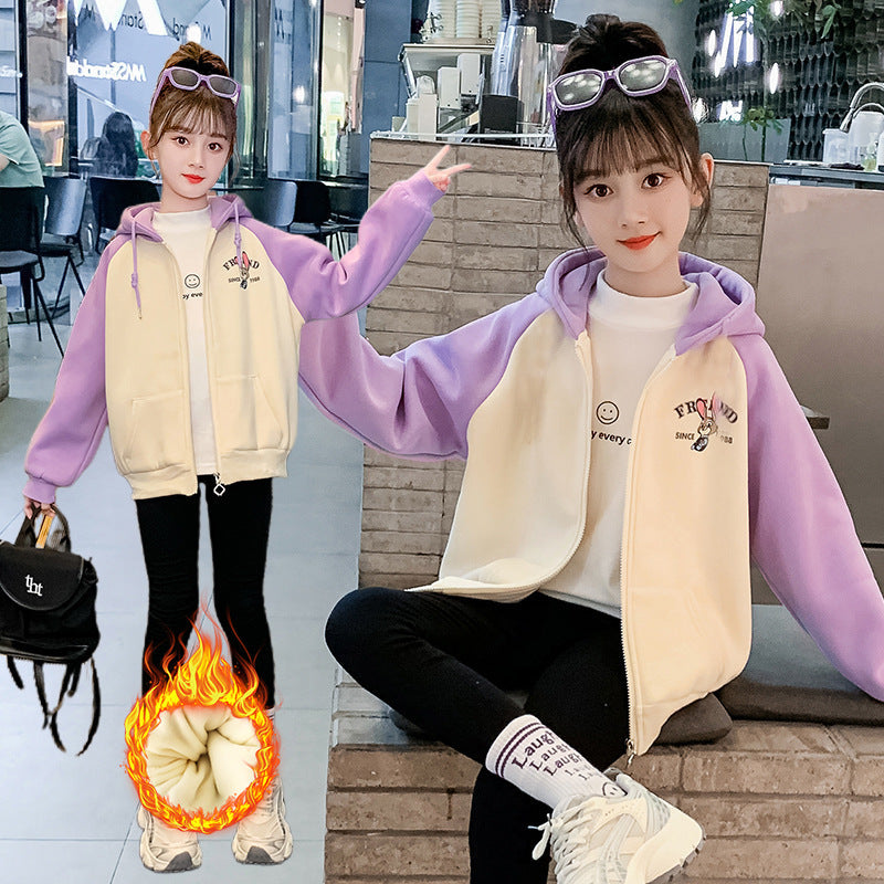 Girls 2024 Winter Plus Velvet Thickened Jacket Zipper Cardigan Hooded Polar Fleece Contrast Color Sports Fat Lambswool Warm