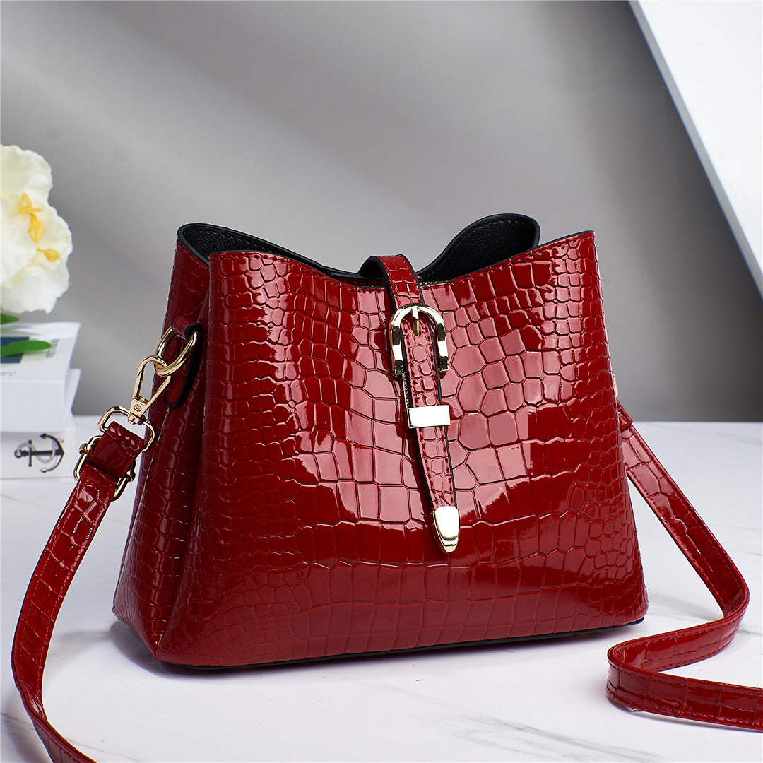 2024 New Style Bright Leather Stone Texture Simple and One-Shoulder Portable Cross-Border Large Capacity Bucket Bag for Women