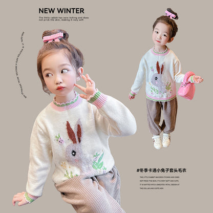 Winter girls baby cartoon bunny sweater fluffy sweater elastic children warm thick bottom outer wear trendy