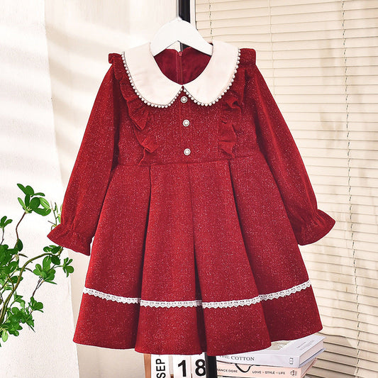 Girls baby 2024 New Year dress New Year dress plus velvet thick skirt flower girl performance show red warm