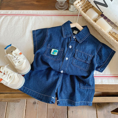 Children's suit 2023 Bangcheng summer style boys and small children Korean version of the little dinosaur logo denim short-sleeved two-piece suit F0107