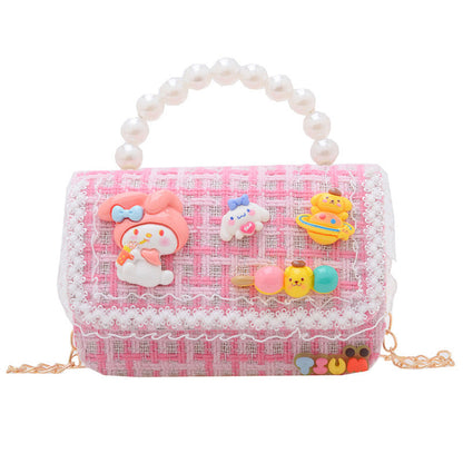 Autumn and winter stylish children's small square bag female fashion girl contrast color chain shoulder bag simple beaded handbag wholesale 