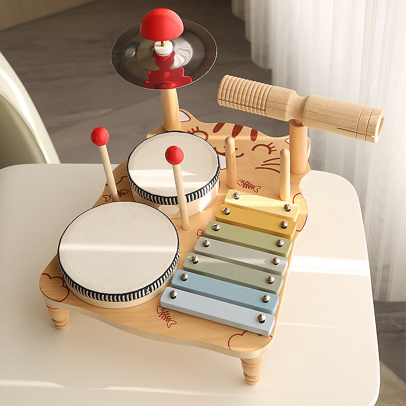 Cross-border children's wooden early education kindergarten baby desktop multi-functional percussion instrument knocking piano and drums educational toys