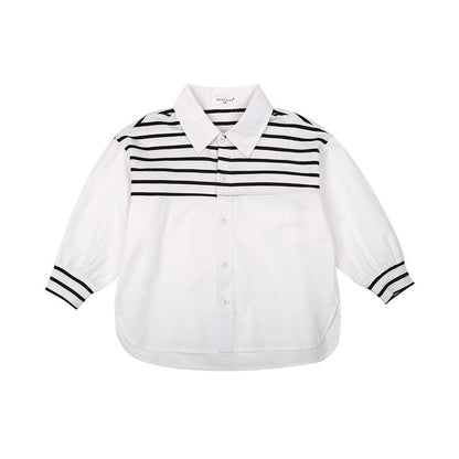 Children's shirts for boys and girls 2023 spring new handsome striped shirts for babies all-match lapel loose tops trend