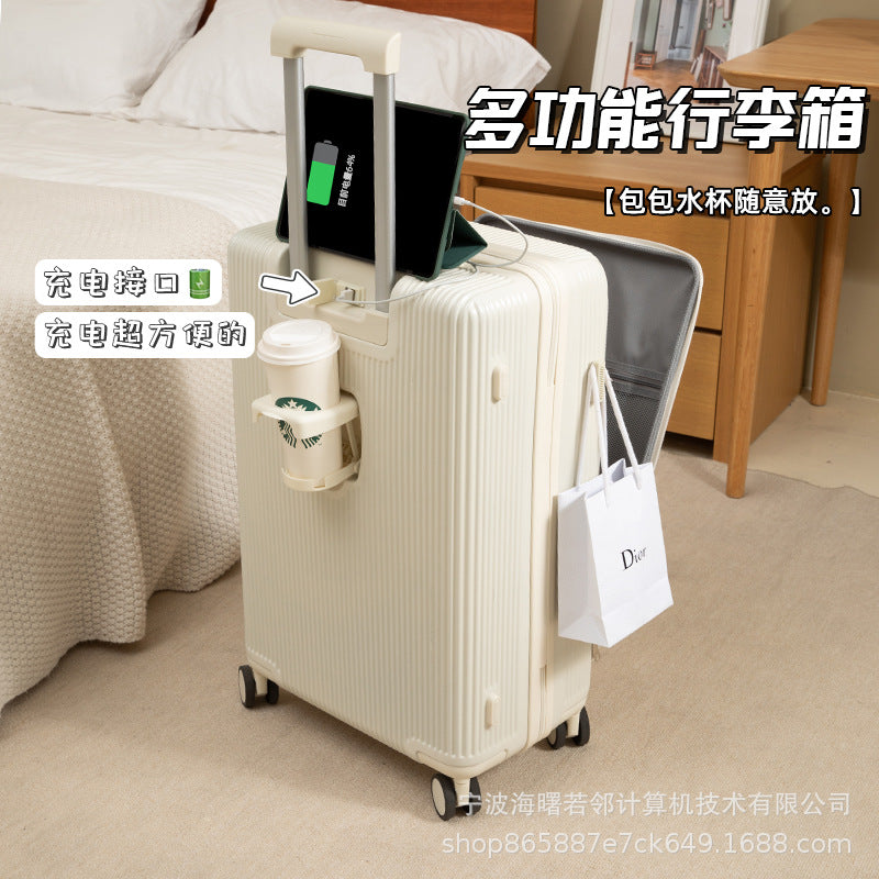 Suitcase with USB interface, front opening trolley case for women, men's fashion cup holder, password suitcase 20 cabin case 