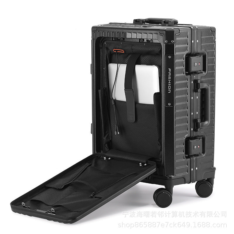 20 inch registration box PC aluminum frame trolley case multi-function front opening suitcase universal wheel suitcase folding cup holder 