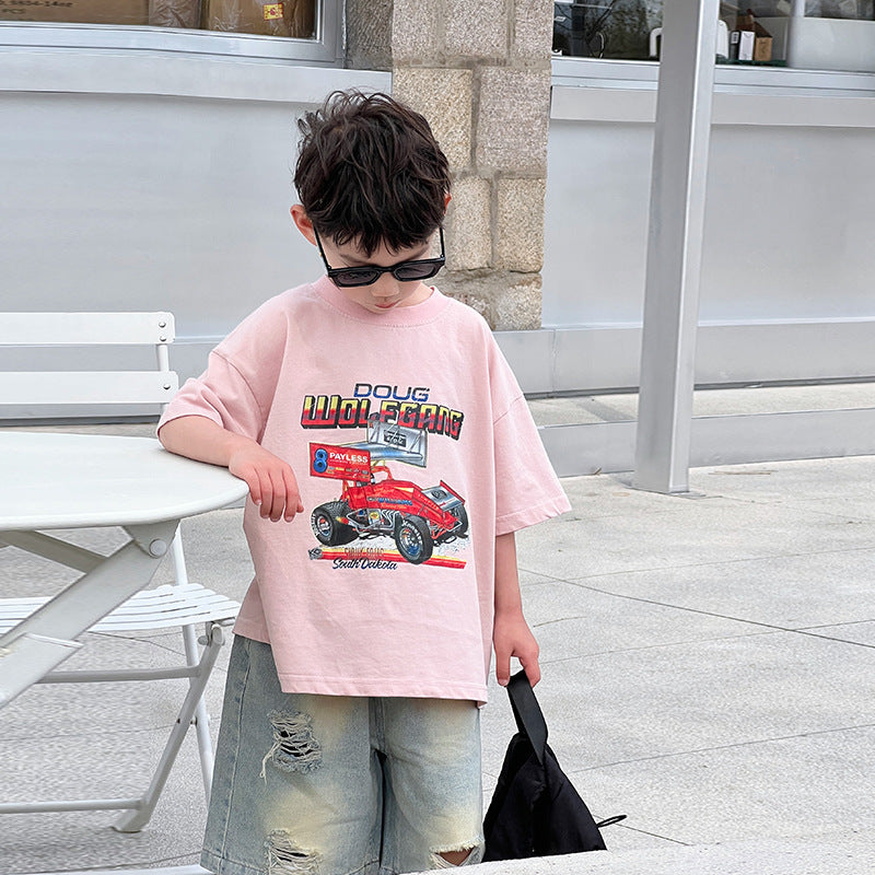 Boys short-sleeved T-shirts summer new children's stylish handsome middle and large children's summer clothes cartoon casual half-sleeved tops trendy